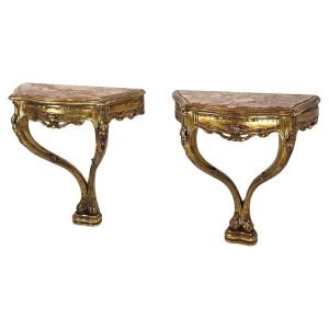 Pair of Venetian Rococo Console Night Stands with Rosso Verona Marble