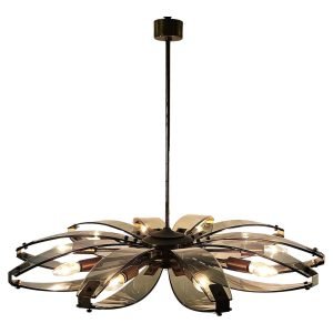Italian Mid-Century Modern Brass and Glass Chandelier, Attr. to Fontana Arte