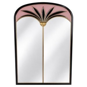 Large Italian Art Deco Mirror, Black Lacquer & Brass with Blush Pink Glass, 1970