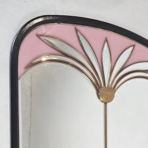 Large_Italian_Art_Deco_Mirr (7) Large Italian Art Deco Mirror, Black Lacquer & Brass with Blush Pink Glass, 1970