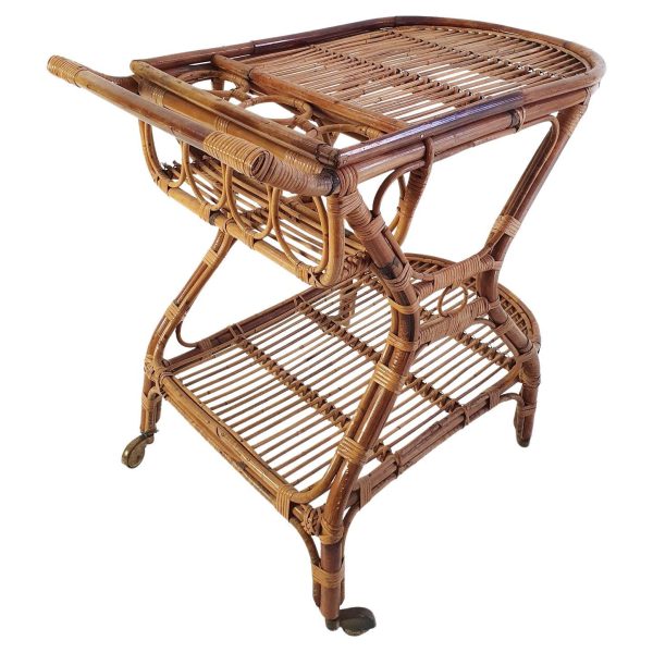 Mid Century italian Bar Cart in Bamboo and Rattan, 1950's