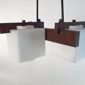 Midcentury Italian Teak and Opaline Glass Pendant