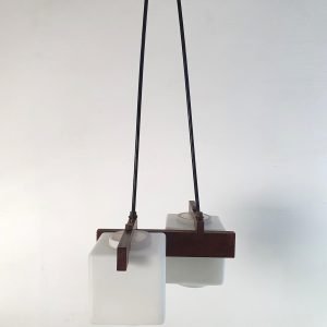 Midcentury Italian Teak and Opaline Glass Pendant