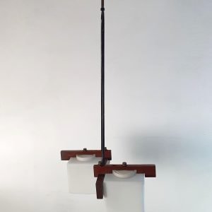Midcentury Italian Teak and Opaline Glass Pendant