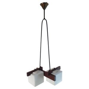 Midcentury Italian Teak and Opaline Glass Pendant