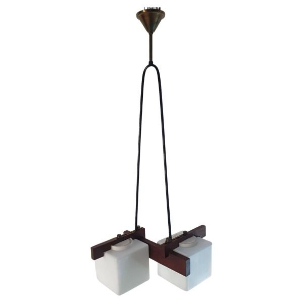 Midcentury Italian Teak and Opaline Glass Pendant