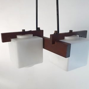 Midcentury Italian Teak and Opaline Glass Pendant