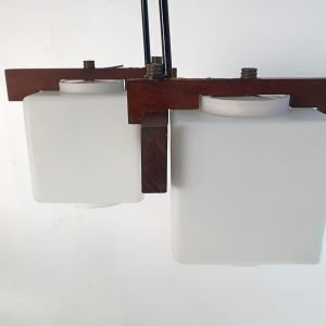 Midcentury Italian Teak and Opaline Glass Pendant
