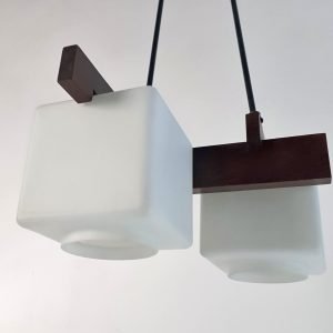 Midcentury Italian Teak and Opaline Glass Pendant