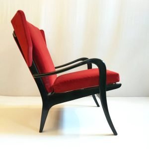Midcentury Wingback Armchair in Red Velvet and Blackened Wood