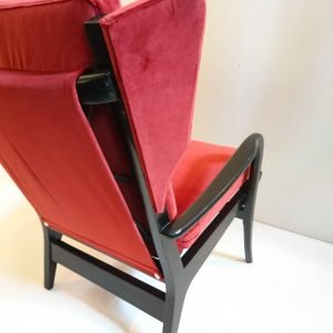 Midcentury Wingback Armchair in Red Velvet and Blackened Wood