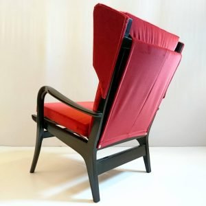 Midcentury Wingback Armchair in Red Velvet and Blackened Wood
