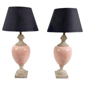 Pair of Table Travertine and Ceramic Pink Table Lamps, Italy, 1980's
