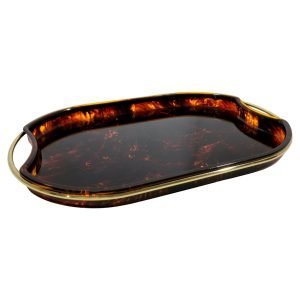 Vintage Serving Tray in Lucite Tortoise and Brass, Italy